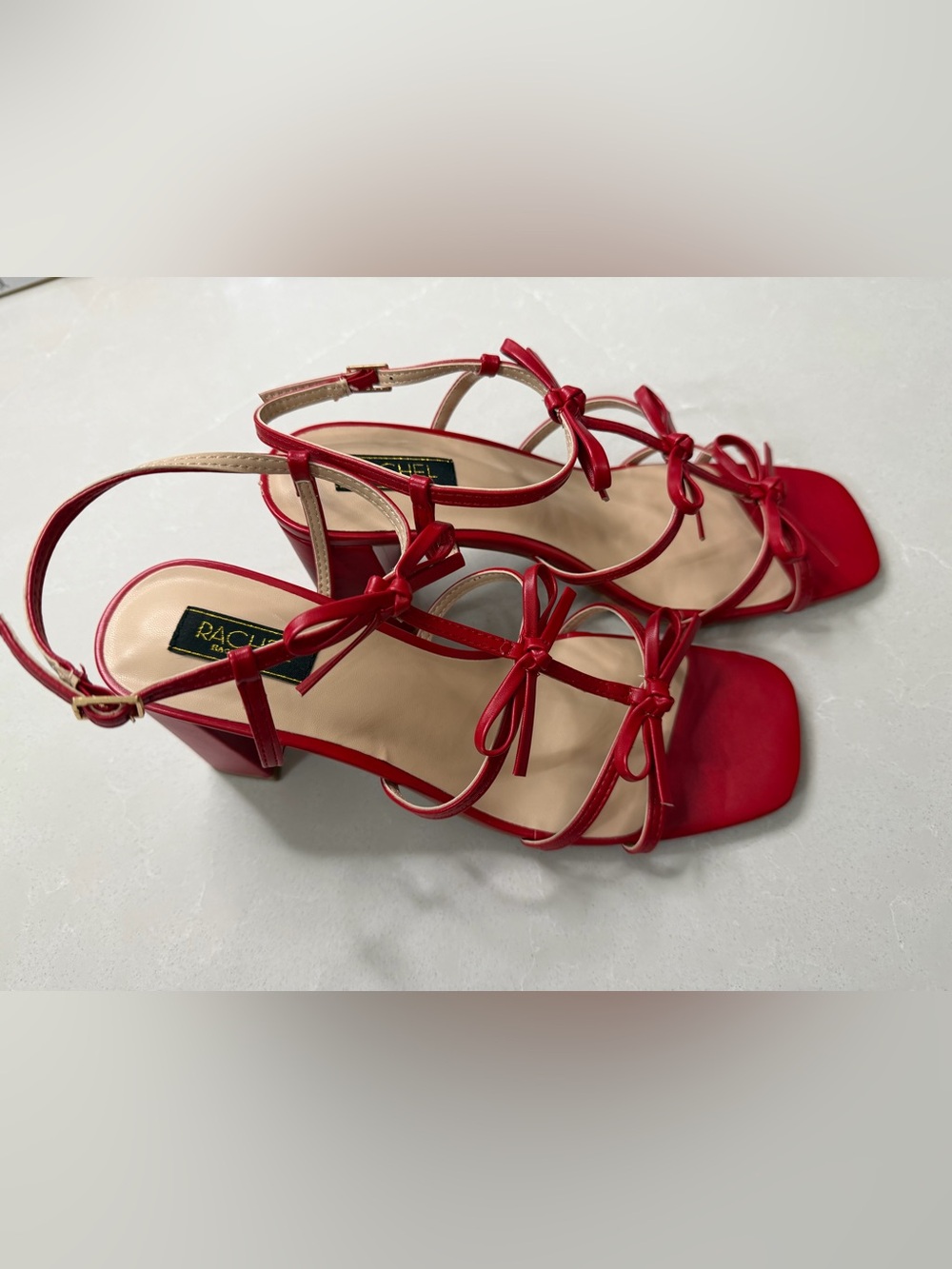 RACHEL Rachel Roy Cologne Bow Block Heel Sandals Red Defect on Heel, Size 9